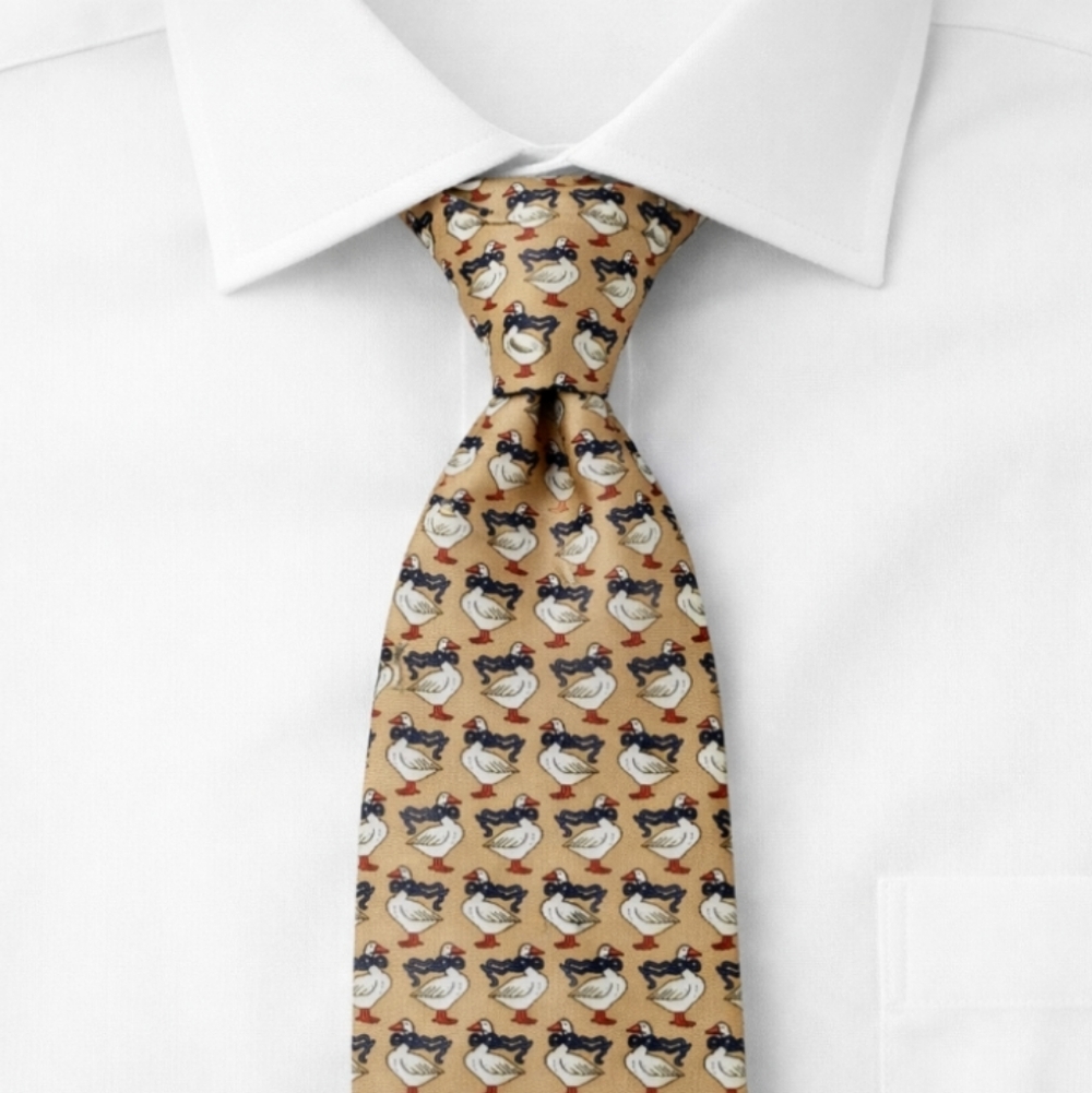 Silk Men’s Novelty Tie Tan Blue Goose Bow Print Brooks Brothers USA